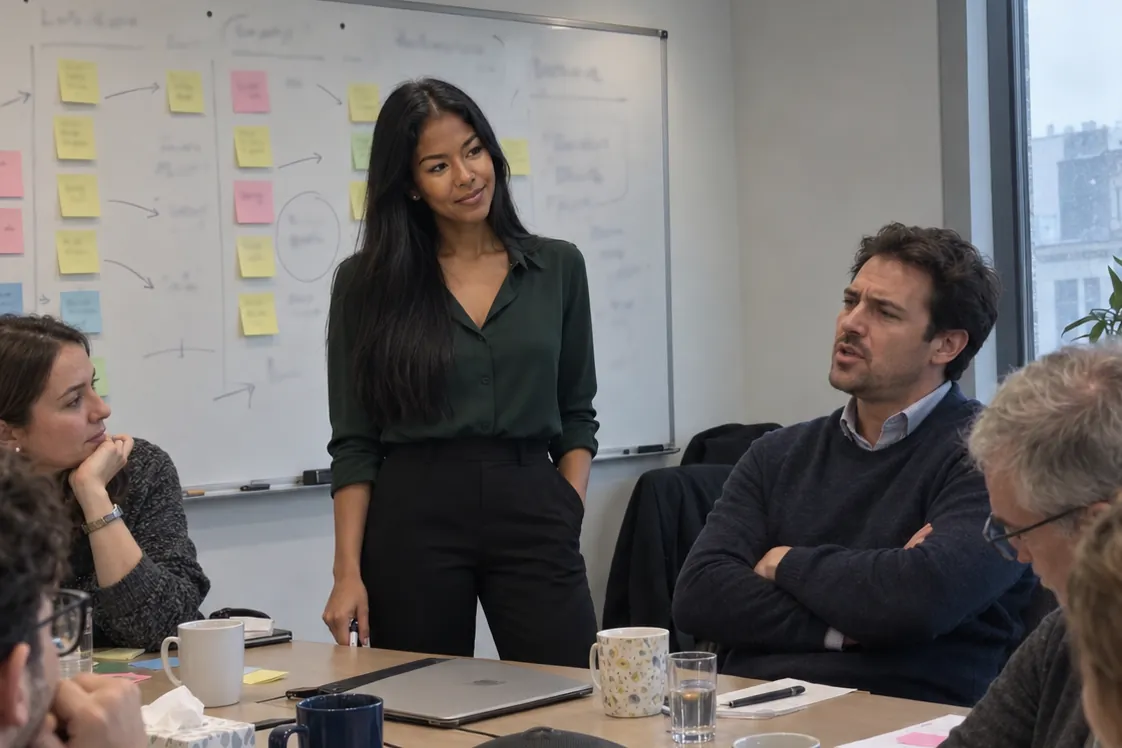 Yanina leading a team discussion beside a whiteboard of sticky notes