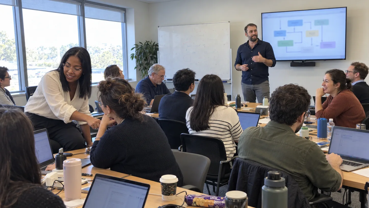 Damien and Yanina running a hands-on AI workshop with a client team