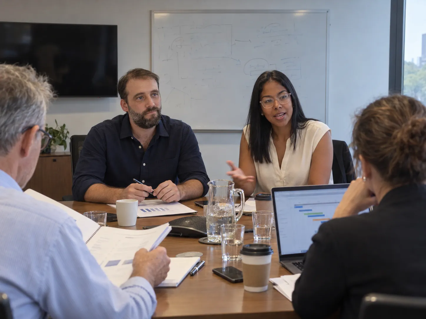 Damien Diecke and Yanina Bazurto Roa walking a client’s COO and finance director through a printed proposal