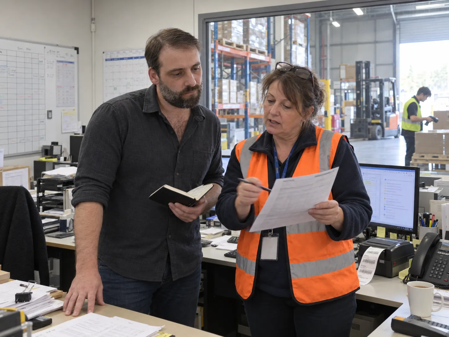 Damien Diecke going through an order sheet with a client’s operations supervisor in a warehouse office